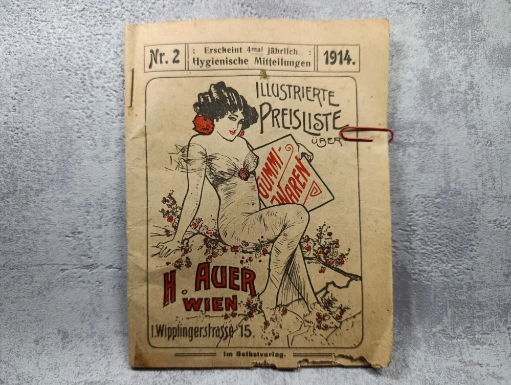 Prodejní katalog Auer Wien, RU, rok 1914, kondomy, preservativy, gumové zboží