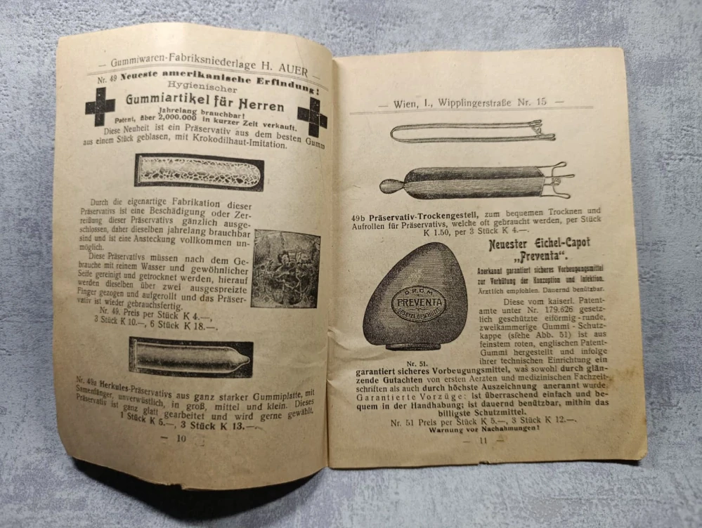Prodejní katalog Auer Wien, RU, rok 1914, kondomy, preservativy, gumové zboží