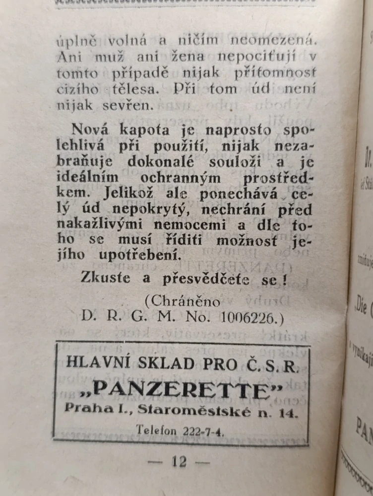 Reklama na prezervativy PANZERETTE z první republiky