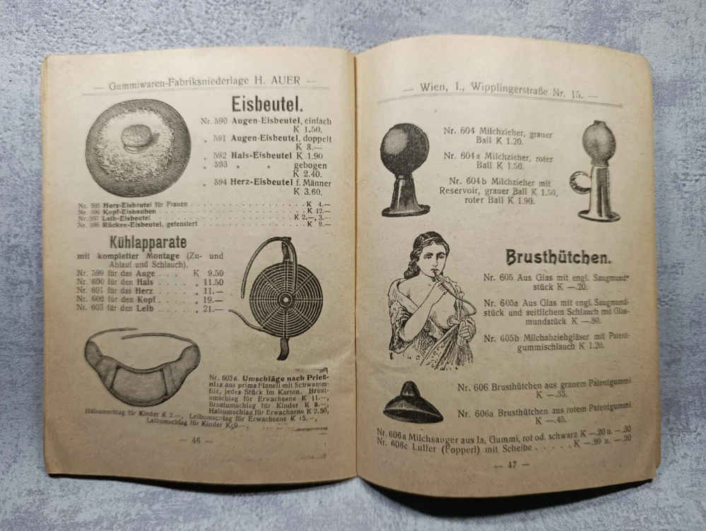 Prodejní katalog Auer Wien, RU, rok 1914, kondomy, preservativy, gumové zboží
